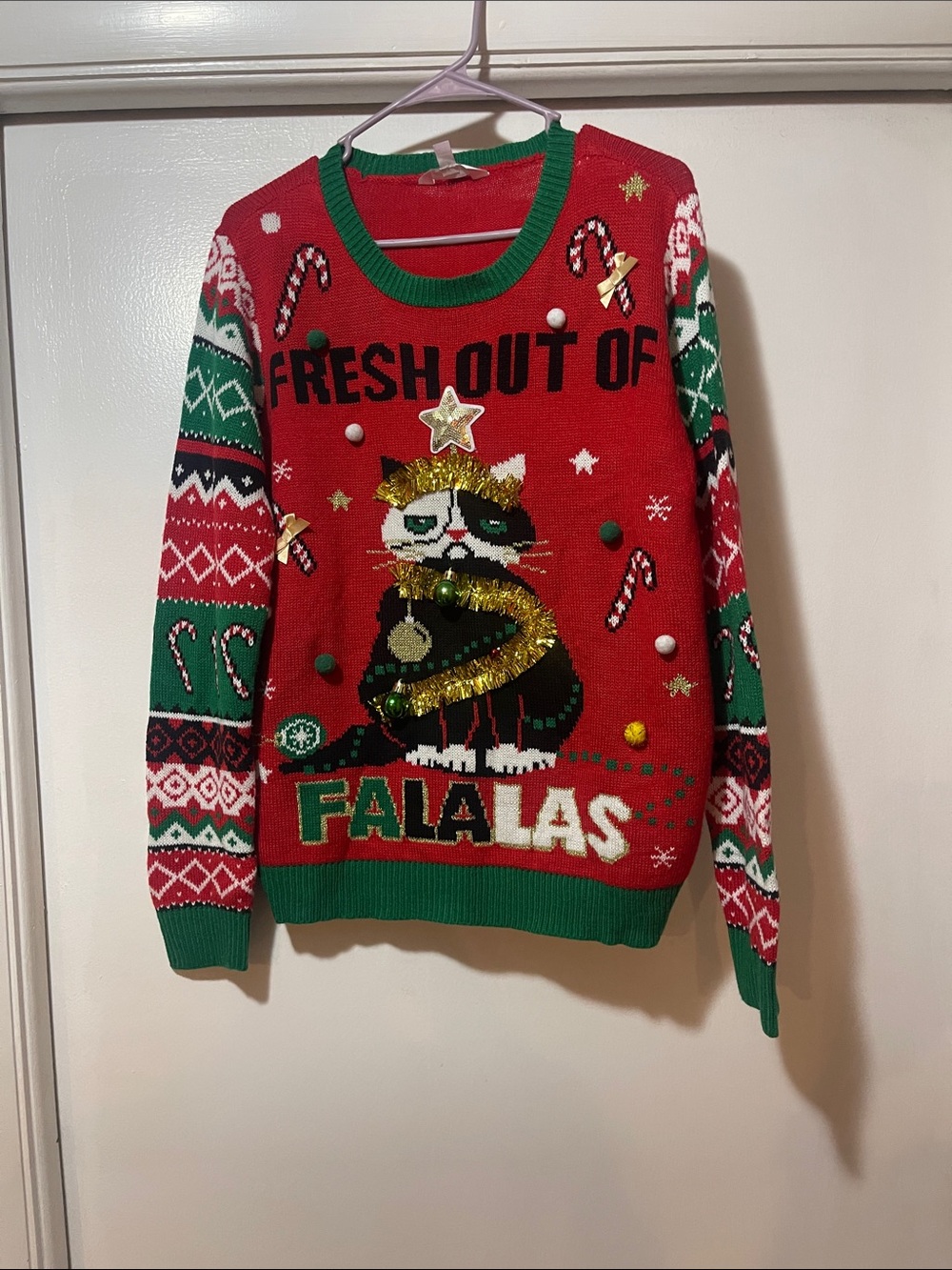 Red & Green Holiday Cat Sweater - "Fresh Out of Falalas" xl
